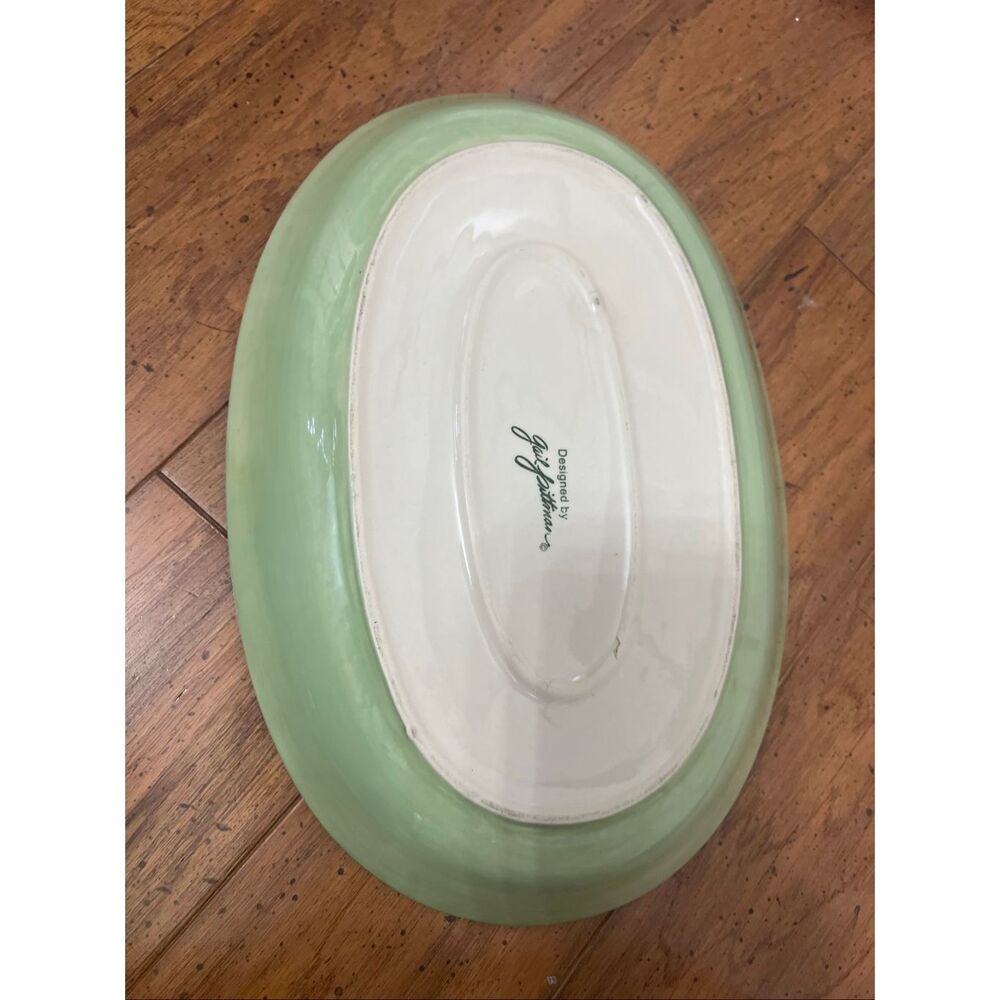 Gail Pittman Provence 14" Oval Serving Platter Flowers Green Bands Hand Painted - Picture 5 of 9